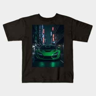 Dark Green Sports Car in Japanese Neon City Kids T-Shirt
